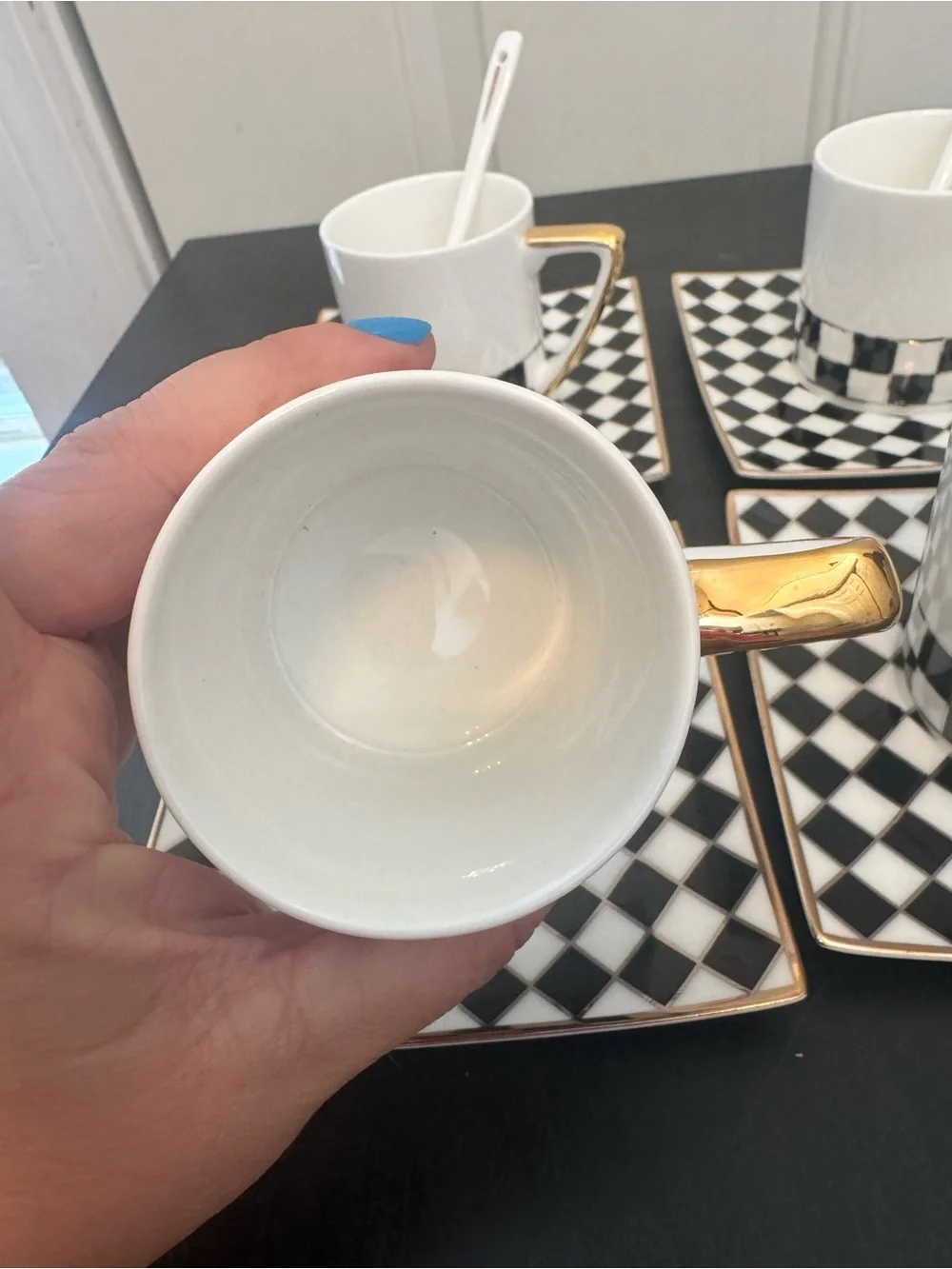 Set Of 4 Porcelain Checkered Black White Gold Espresso Coffee Cup Saucer Spoon